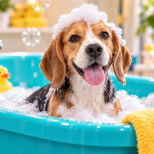 Beagle podczas kąpieli w salonie groomerskim