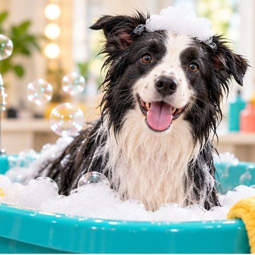 Border collie podczas kąpieli w salonie groomerskim