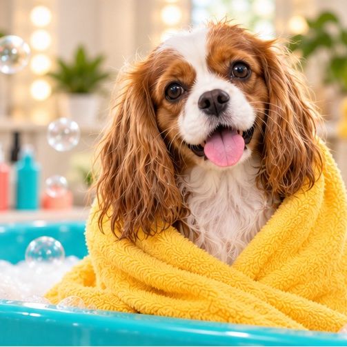 Cavalier king charles spaniel podczas kąpieli w salonie groomerskim