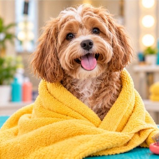 Cavapoo podczas kąpieli w salonie groomerskim