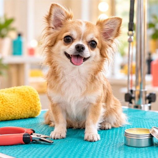 Chihuahua na stole groomerskim obok cążek do pazurów i balsamu do łap