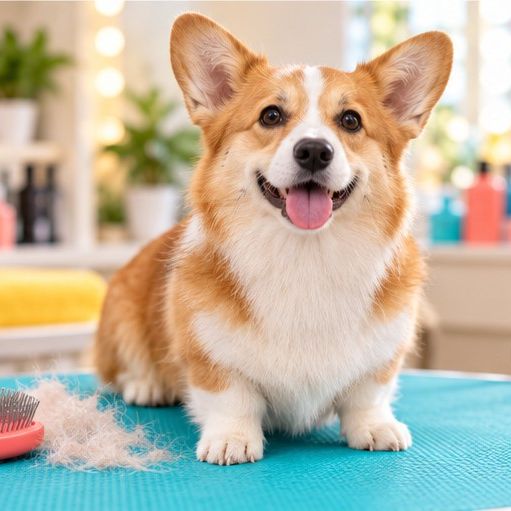 Corgi na stole groomerskim po wyczesaniu podszerstka