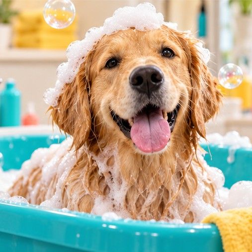 Golden retriever podczas kąpieli w salonie groomerskim