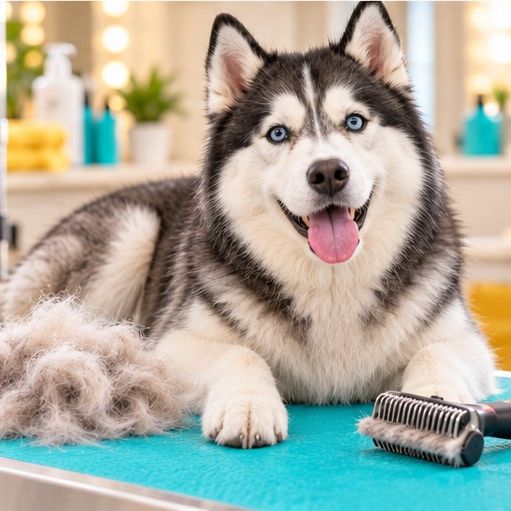 Husky na stole groomerskim po wyczesaniu podszerstka