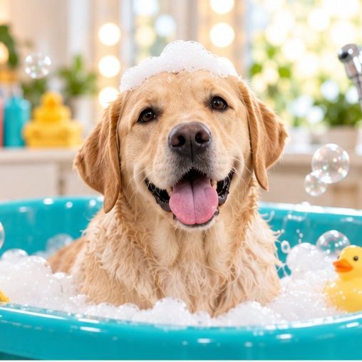 Labrador podczas kąpieli w salonie groomerskim