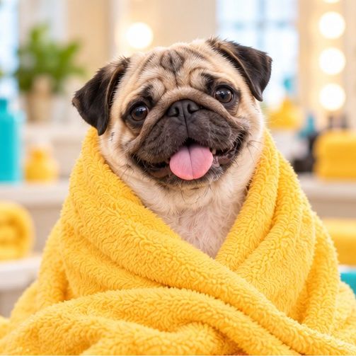 Mops podczas kąpieli w salonie groomerskim
