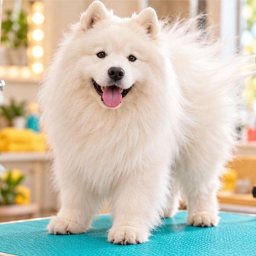 Samojed podczas suszenia suszarką na stole groomerskim