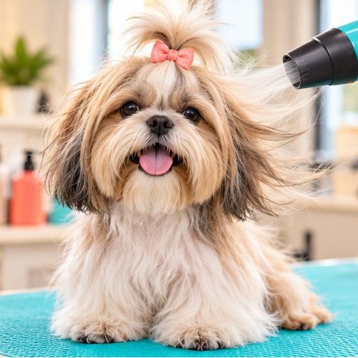 Shih tzu podczas suszenia suszarką na stole groomerskim