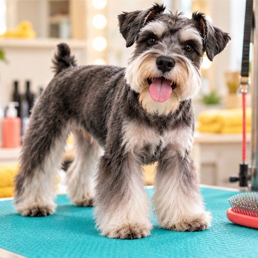 Sznaucer miniaturowy na stole w jasnym salonie groomerskim