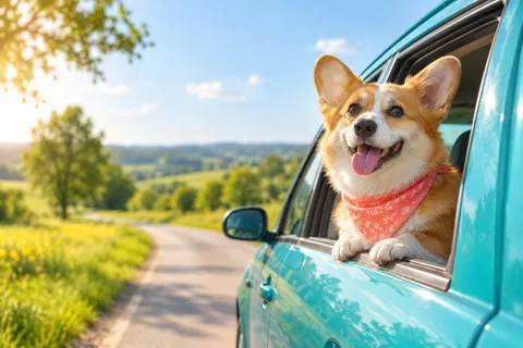 Uśmiechnięty corgi w koralowej bandanie wygląda przez okno turkusowego samochodu