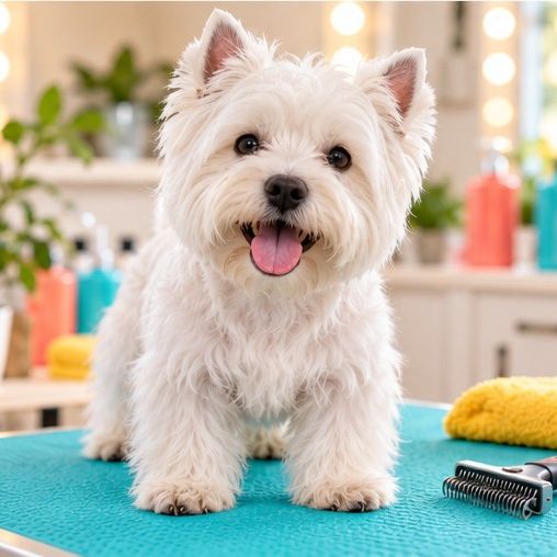 West highland white terrier na stole groomerskim obok trymera
