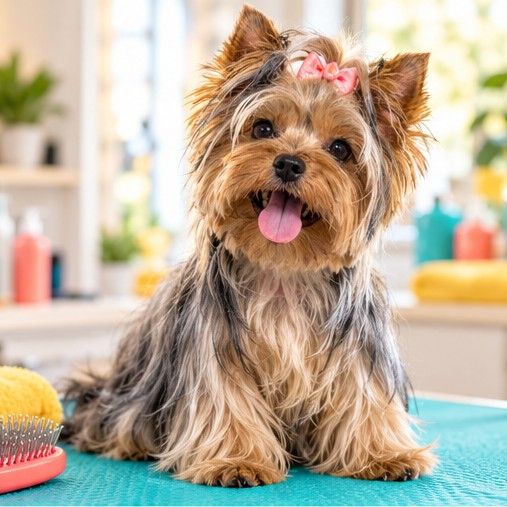 Yorkshire terrier na stole w jasnym salonie groomerskim